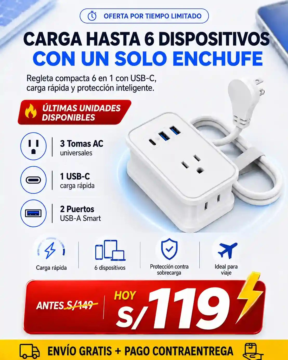 Regleta de Viaje 6 en 1 con USB y USB-C