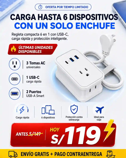 Regleta de Viaje 6 en 1 con USB y USB-C