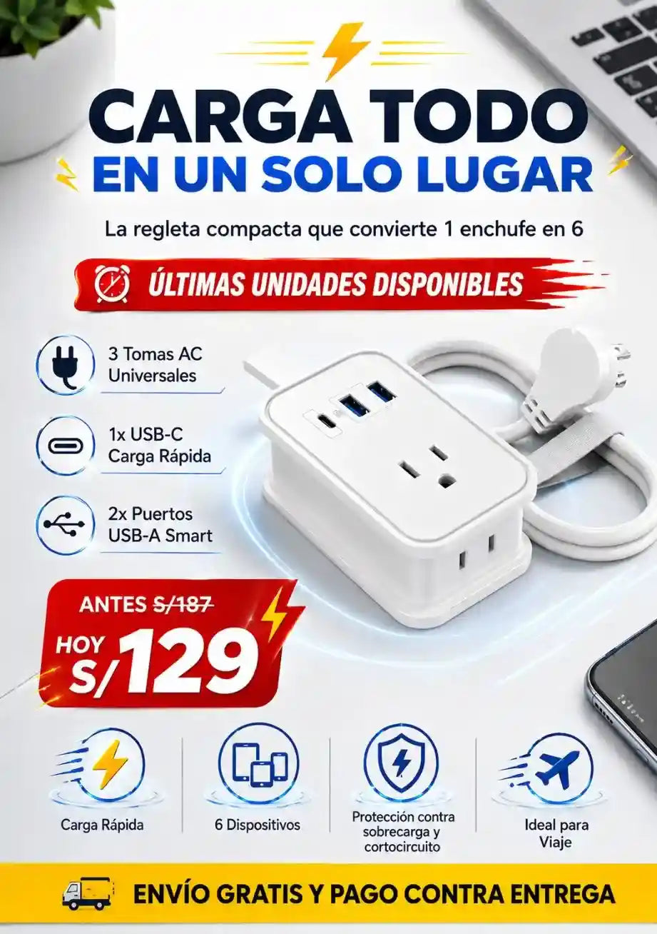 Regleta de Viaje 6 en 1 con USB y USB-C